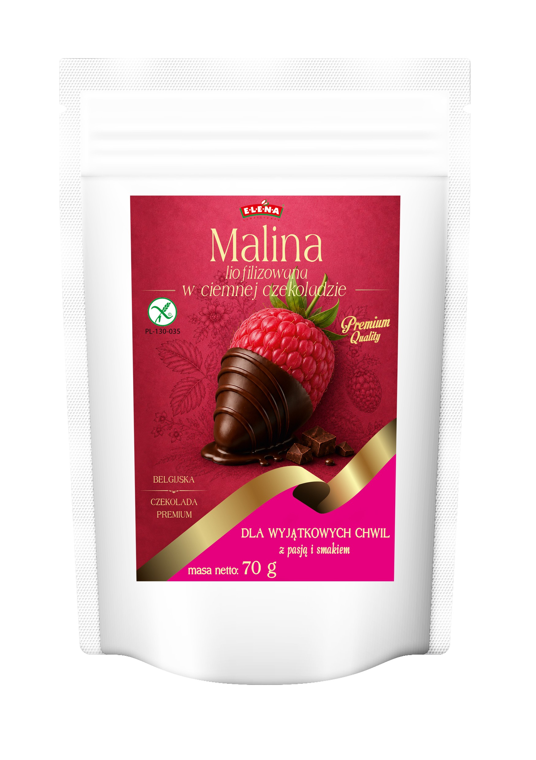 Liofilizowana malina w Belgijskiej ciemnej czekoladzie