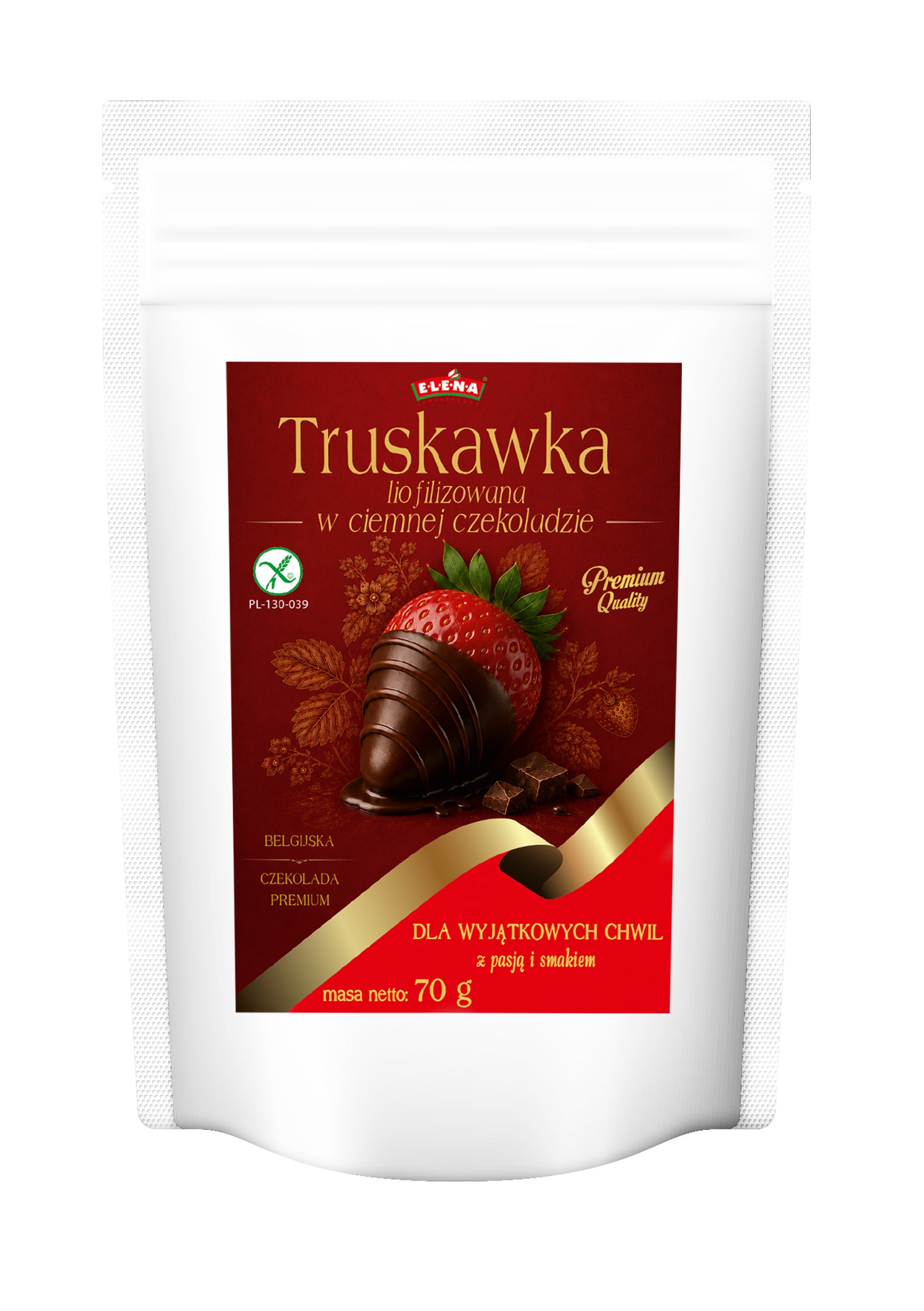 Liofilizowana truskawka w Belgijskiej ciemnej czekoladzie