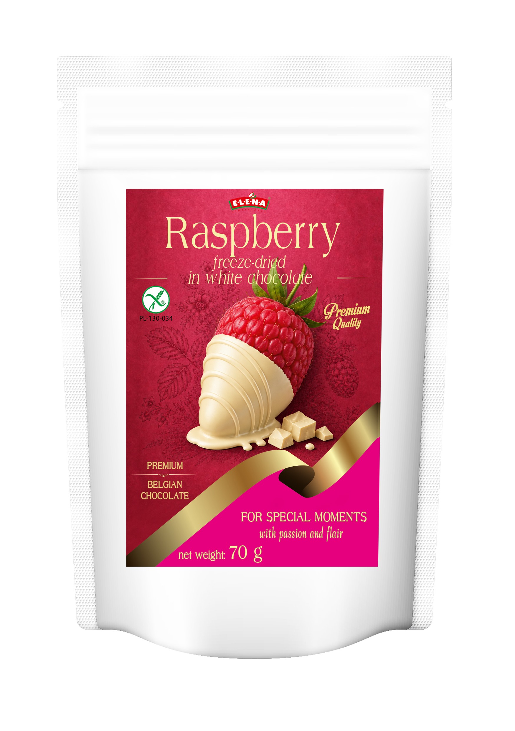 Freeze-dried raspberry in Belgian white chocolate
