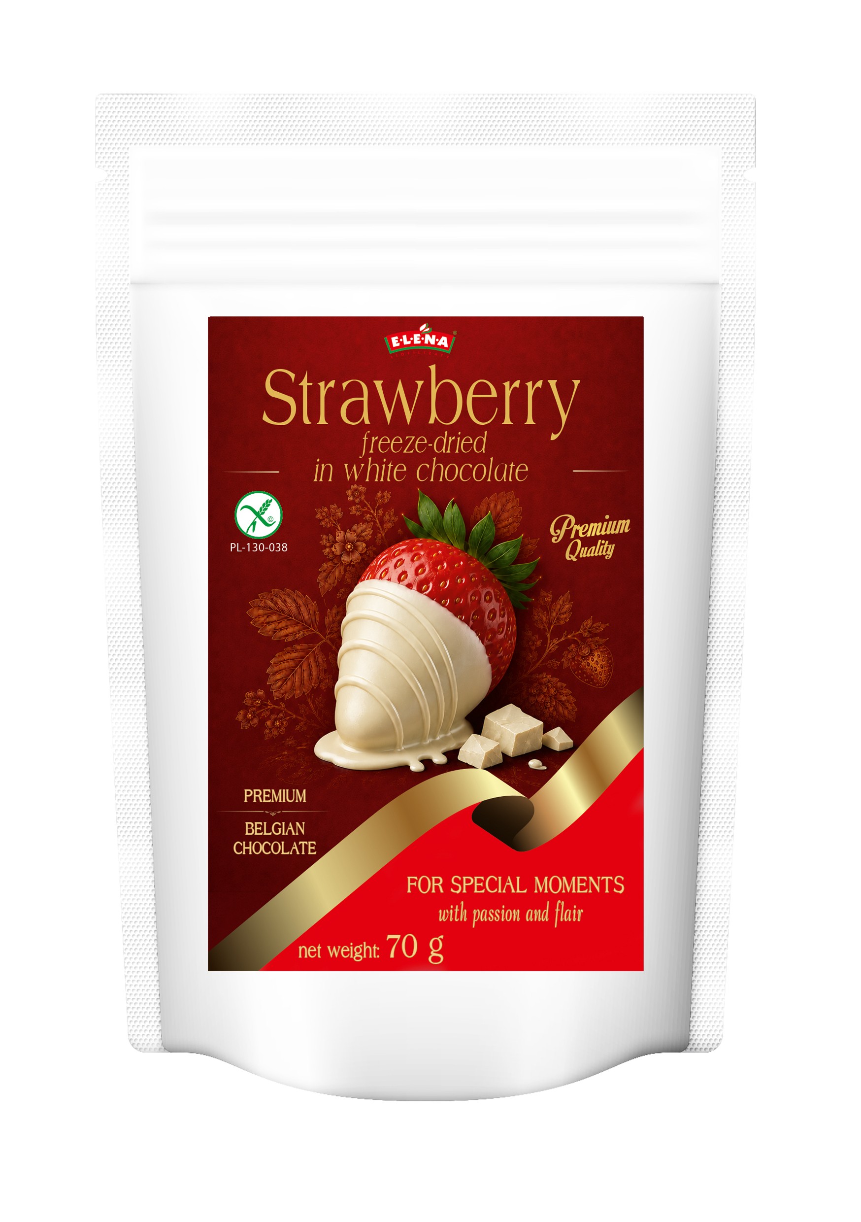 Freeze-dried strawberry in Belgian white chocolate