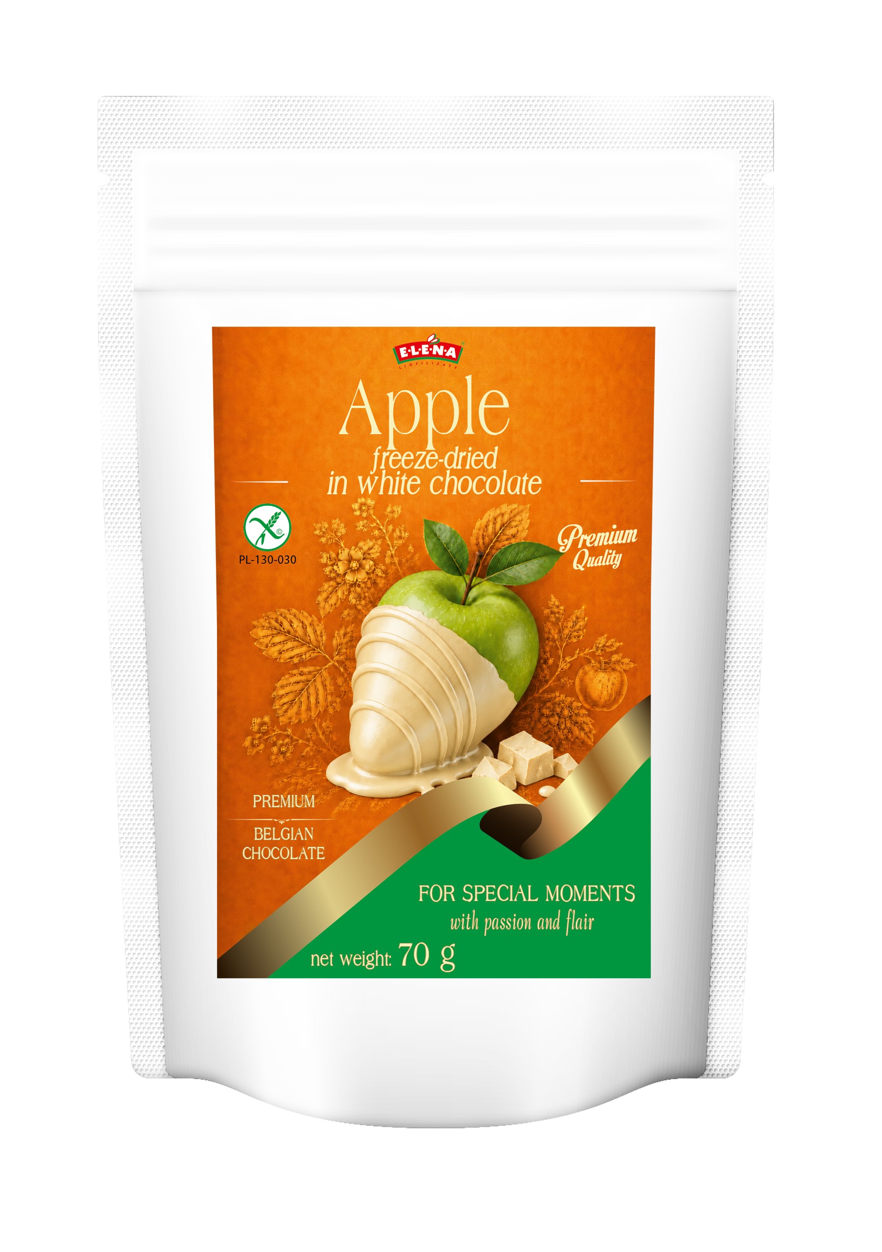 Freeze-dried apple in Belgian white chocolate