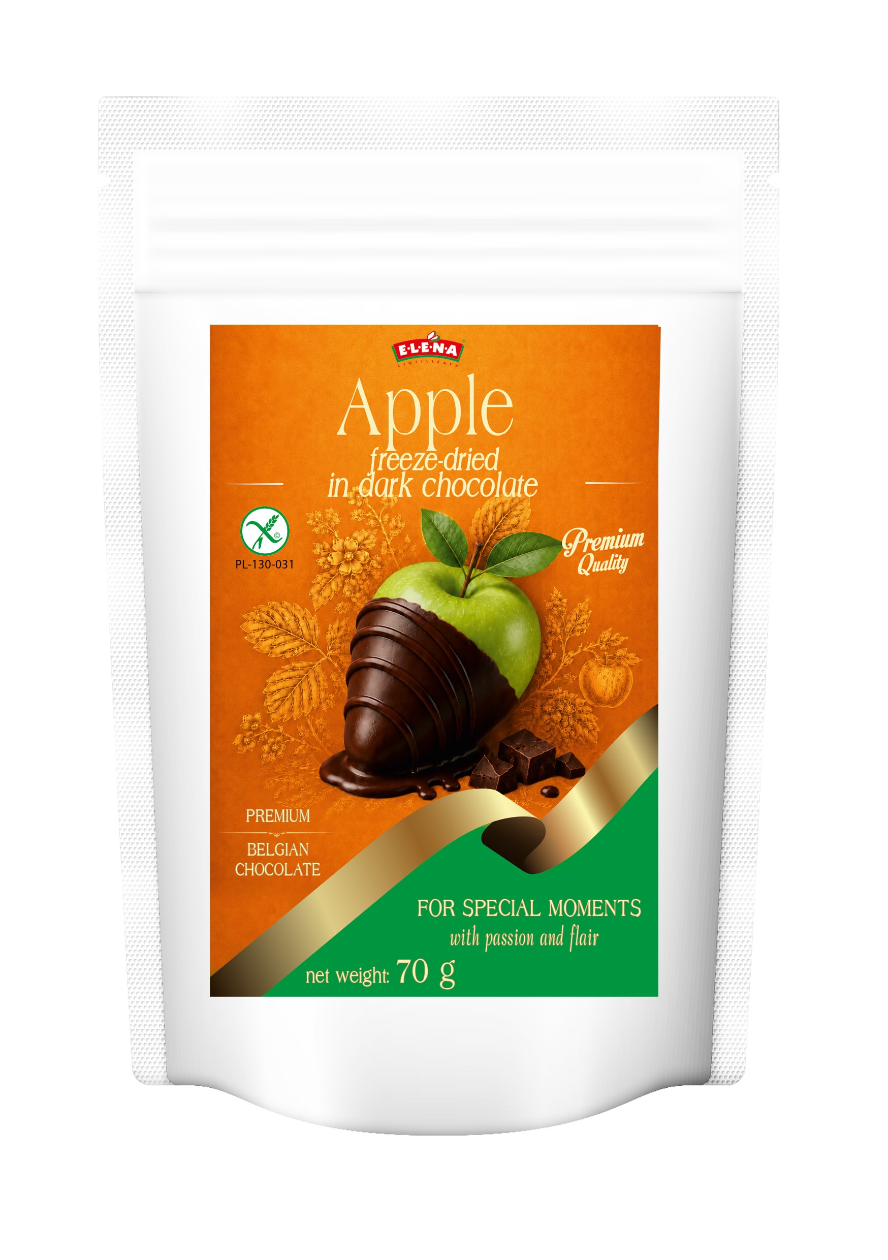 Freeze-dried apple in Belgian dark chocolate