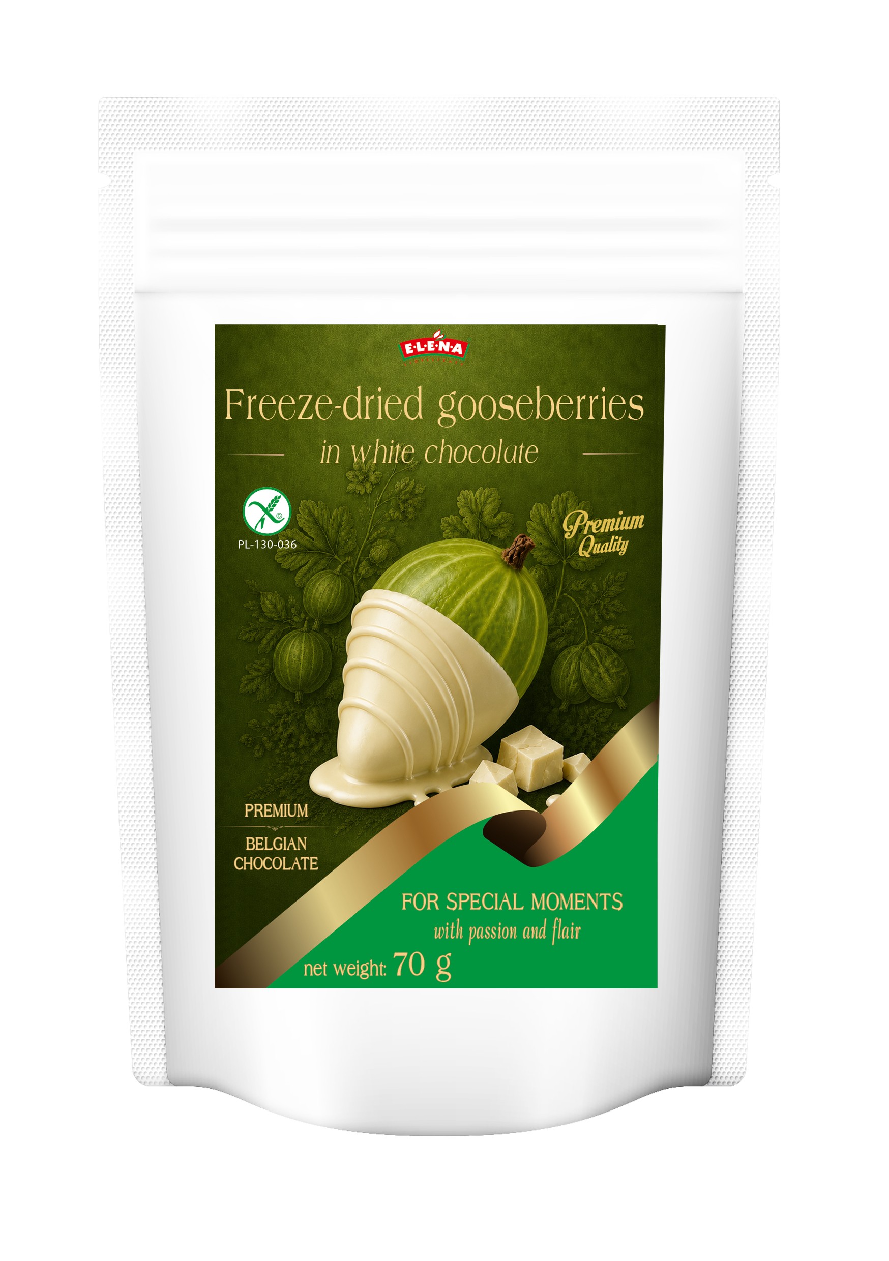 Freeze-dried gooseberries in Belgian white chocolate