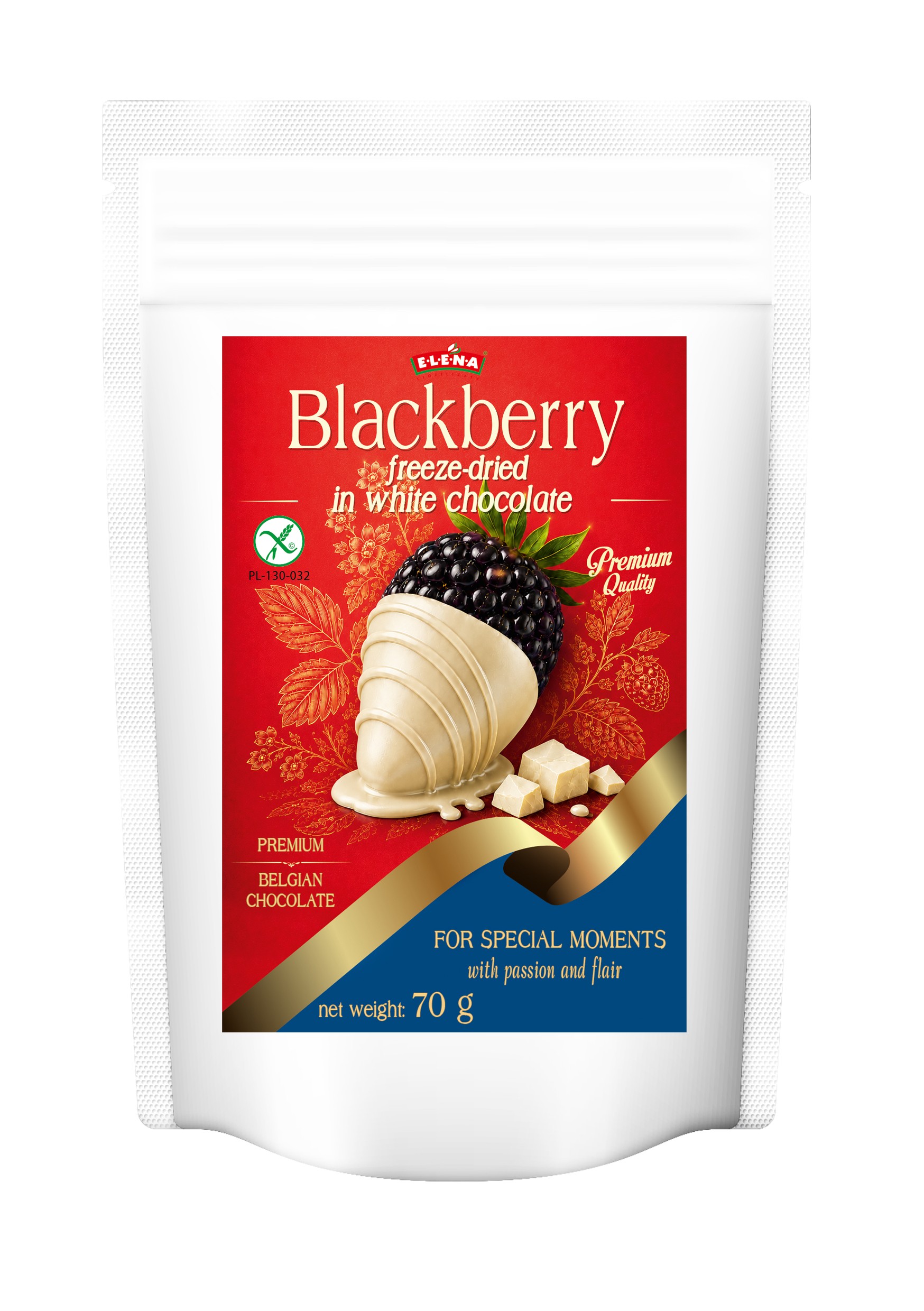 Freeze-dried blackberries in Belgian white chocolate