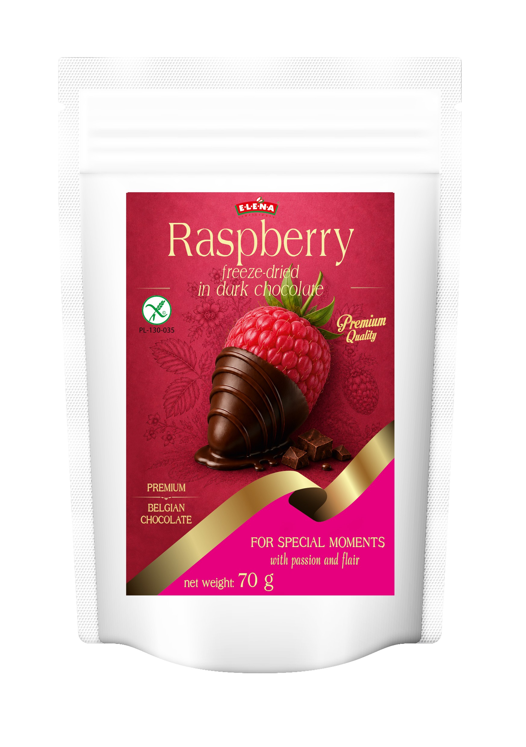 Freeze-dried raspberry in Belgian dark chocolate